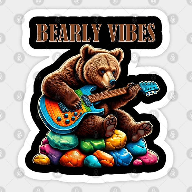 Bearly Vibes Bear Playing Guitar Sticker by Merchweaver